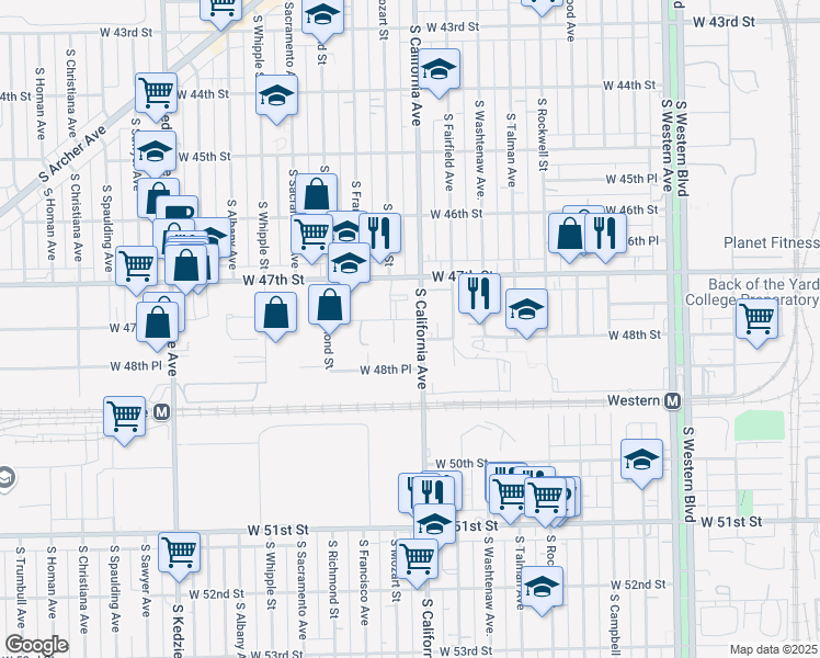 map of restaurants, bars, coffee shops, grocery stores, and more near 4750 South California Avenue in Chicago