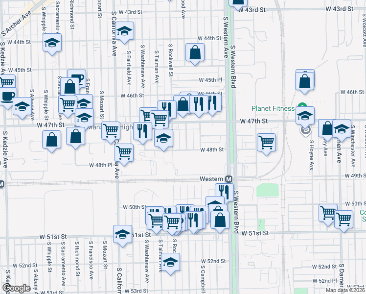 map of restaurants, bars, coffee shops, grocery stores, and more near 4756 South Maplewood Avenue in Chicago