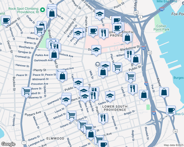 map of restaurants, bars, coffee shops, grocery stores, and more near 29 Milk Street in Providence