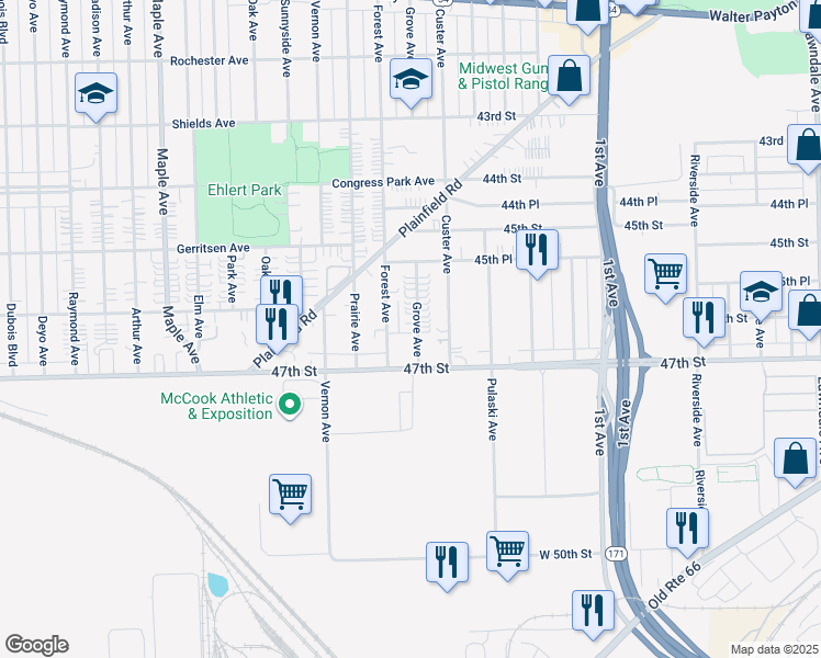 map of restaurants, bars, coffee shops, grocery stores, and more near 4608 Grove Avenue in Brookfield