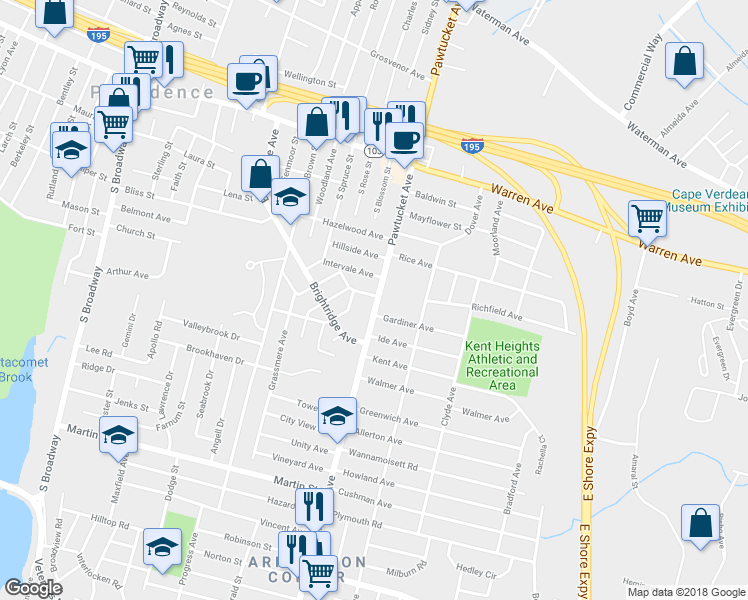 map of restaurants, bars, coffee shops, grocery stores, and more near 2493 Pawtucket Avenue in East Providence