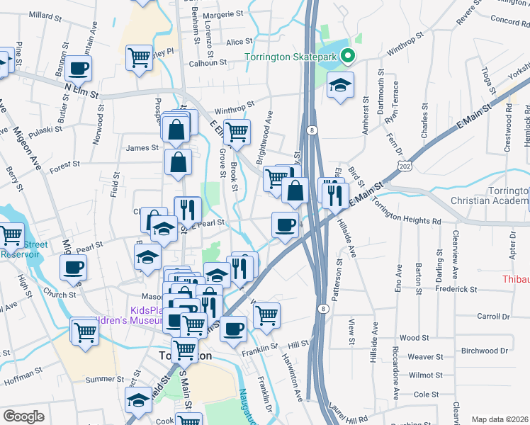 map of restaurants, bars, coffee shops, grocery stores, and more near 196 East Pearl Street in Torrington