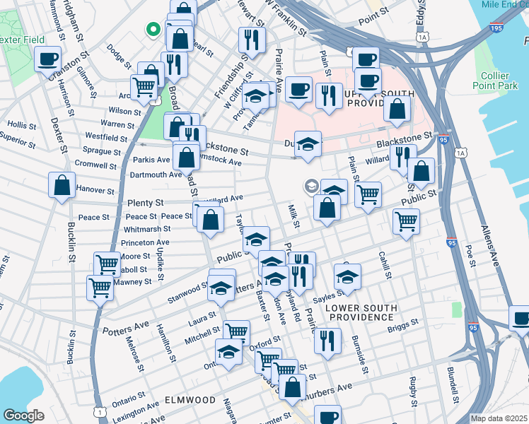 map of restaurants, bars, coffee shops, grocery stores, and more near 10 Mount Vernon Street in Providence