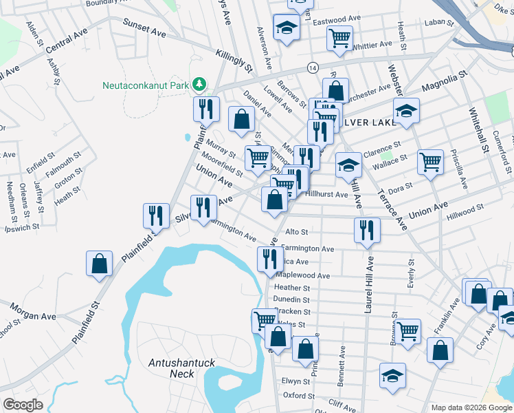 map of restaurants, bars, coffee shops, grocery stores, and more near 588R Union Avenue in Providence