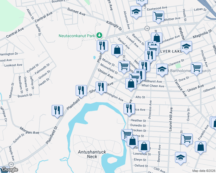 map of restaurants, bars, coffee shops, grocery stores, and more near 77 Prudence Avenue in Providence