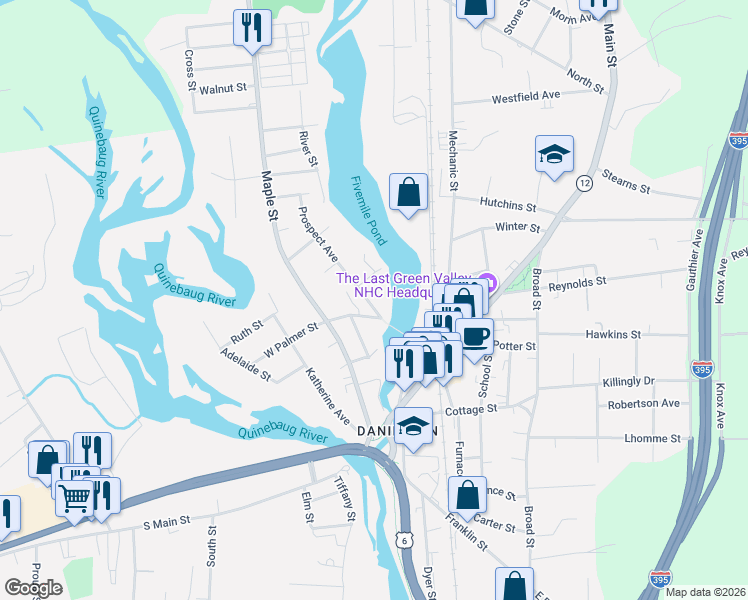 map of restaurants, bars, coffee shops, grocery stores, and more near 34 Palmer Street in Killingly