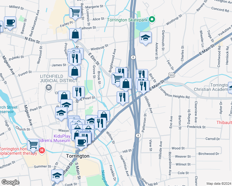 map of restaurants, bars, coffee shops, grocery stores, and more near 196 East Pearl Street in Torrington
