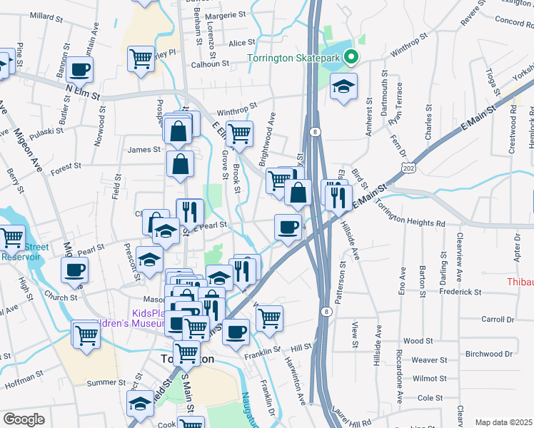 map of restaurants, bars, coffee shops, grocery stores, and more near 196 East Pearl Street in Torrington