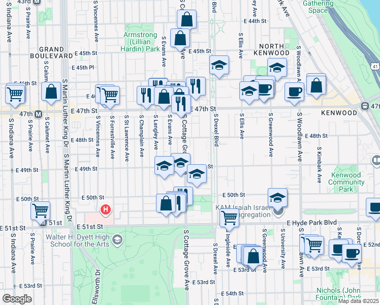 map of restaurants, bars, coffee shops, grocery stores, and more near 4829 South Cottage Grove Avenue in Chicago