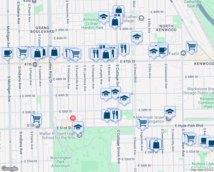 map of restaurants, bars, coffee shops, grocery stores, and more near 4841 South Evans Avenue in Chicago