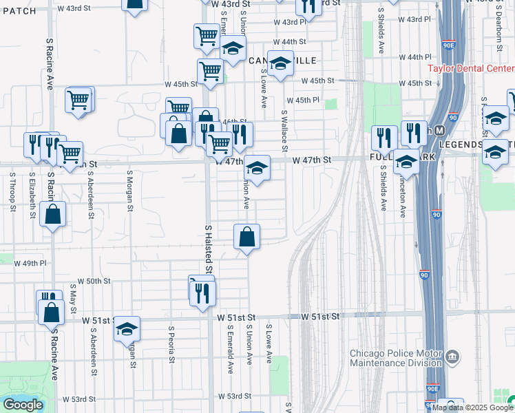map of restaurants, bars, coffee shops, grocery stores, and more near 634 West 48th Place in Chicago