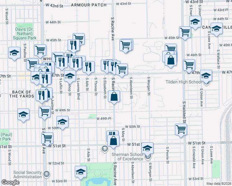 map of restaurants, bars, coffee shops, grocery stores, and more near 4810 South Racine Avenue in Chicago