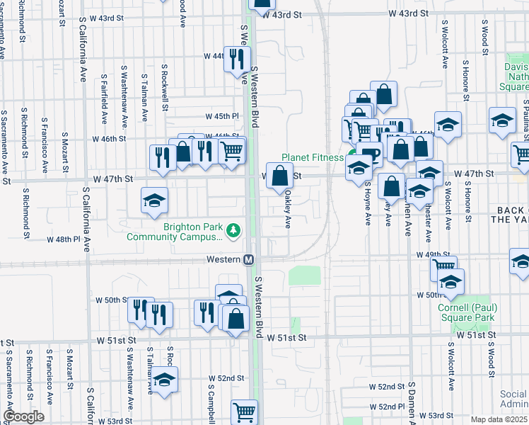 map of restaurants, bars, coffee shops, grocery stores, and more near 4800 South Western Avenue in Chicago