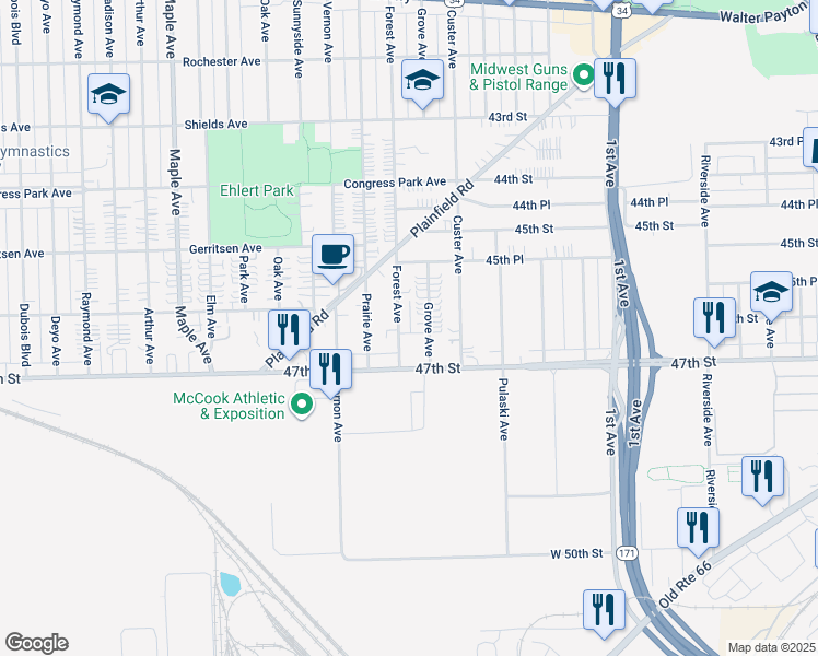 map of restaurants, bars, coffee shops, grocery stores, and more near 4608 Grove Avenue in Brookfield