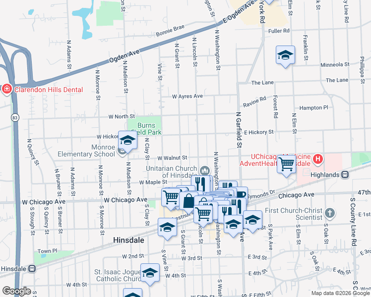 map of restaurants, bars, coffee shops, grocery stores, and more near 206 North Lincoln Street in Hinsdale