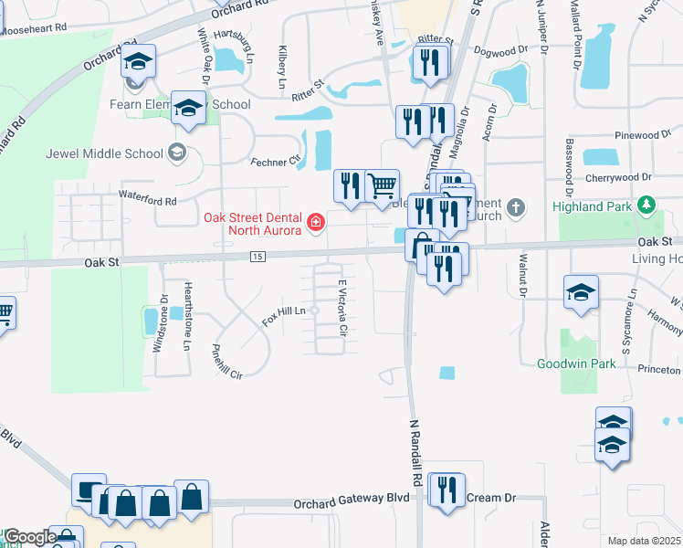 map of restaurants, bars, coffee shops, grocery stores, and more near 206 East Victoria Circle in North Aurora
