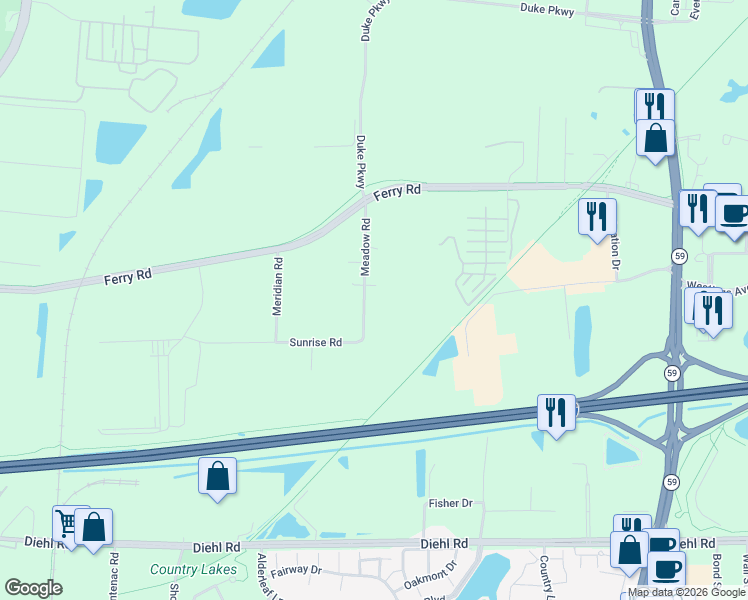 map of restaurants, bars, coffee shops, grocery stores, and more near 4S341 Meadow Road in Naperville