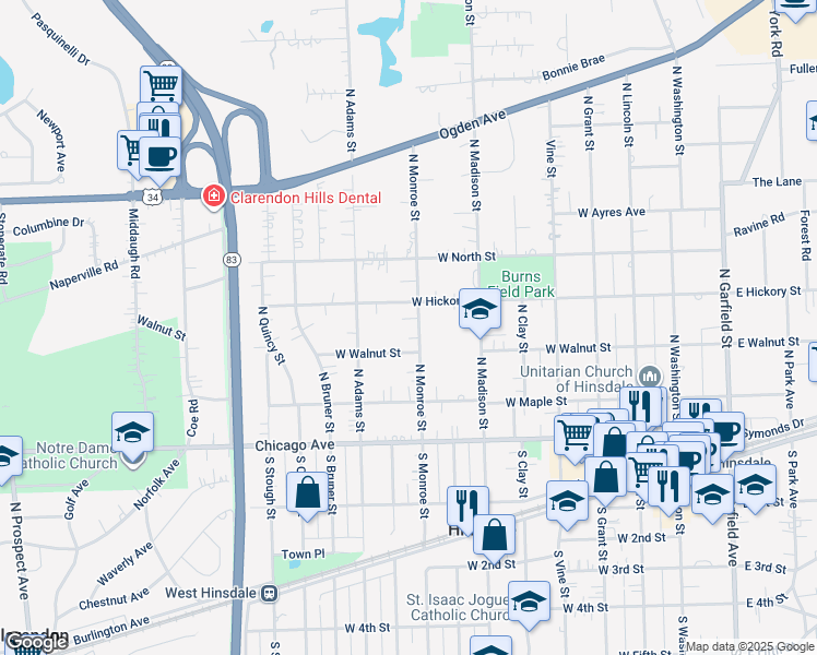 map of restaurants, bars, coffee shops, grocery stores, and more near 220 North Monroe Street in Hinsdale