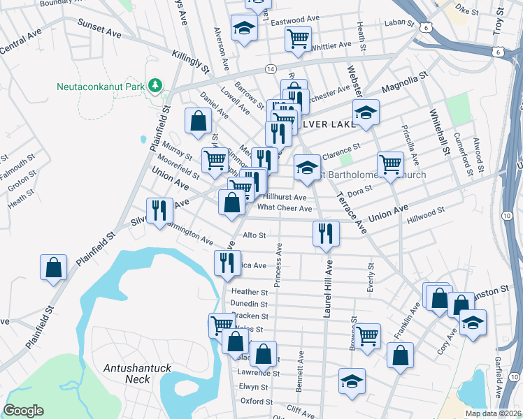 map of restaurants, bars, coffee shops, grocery stores, and more near 521 Union Avenue in Providence