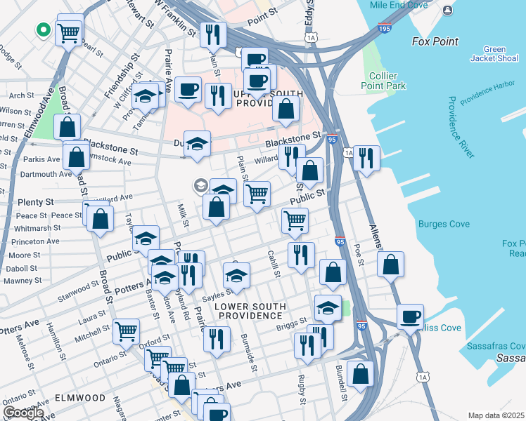 map of restaurants, bars, coffee shops, grocery stores, and more near 263 Public Street in Providence