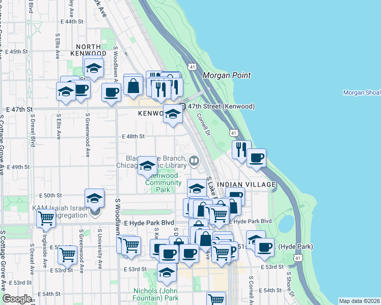 map of restaurants, bars, coffee shops, grocery stores, and more near 4850 South Lake Park Avenue in Chicago