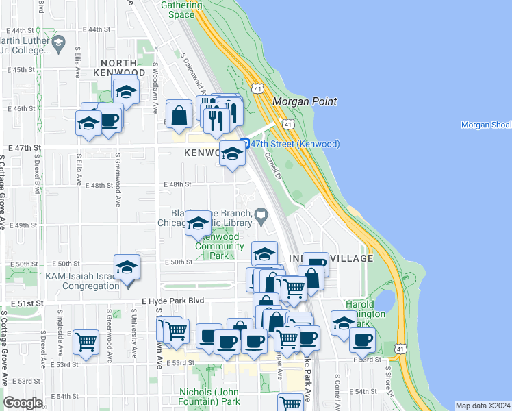 map of restaurants, bars, coffee shops, grocery stores, and more near 4850 South Lake Park Avenue in Chicago