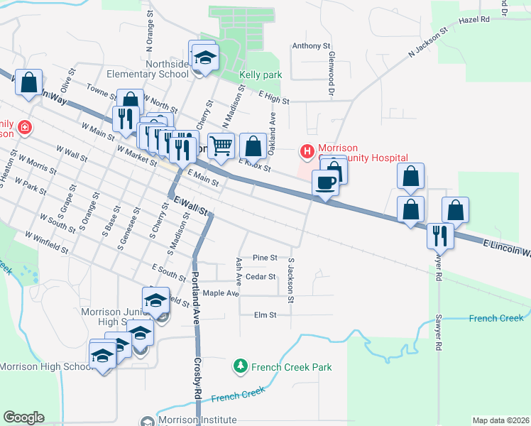 map of restaurants, bars, coffee shops, grocery stores, and more near 418 East Wall Street in Morrison