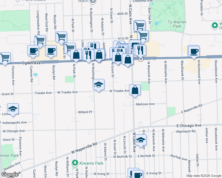 map of restaurants, bars, coffee shops, grocery stores, and more near 500 North Grant Street in Westmont
