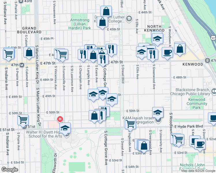 map of restaurants, bars, coffee shops, grocery stores, and more near 4829 South Cottage Grove Avenue in Chicago