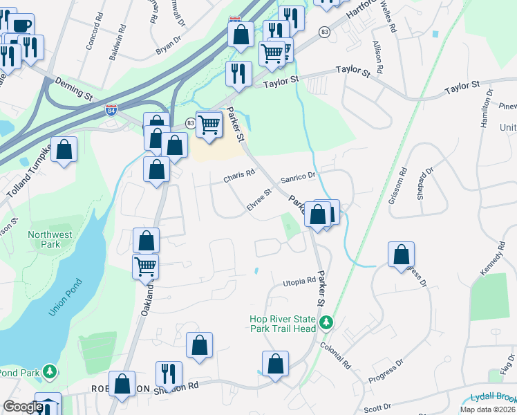 map of restaurants, bars, coffee shops, grocery stores, and more near 67 Sandra Drive in Manchester
