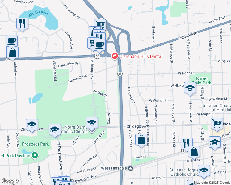 map of restaurants, bars, coffee shops, grocery stores, and more near 241 Coe Road in Clarendon Hills
