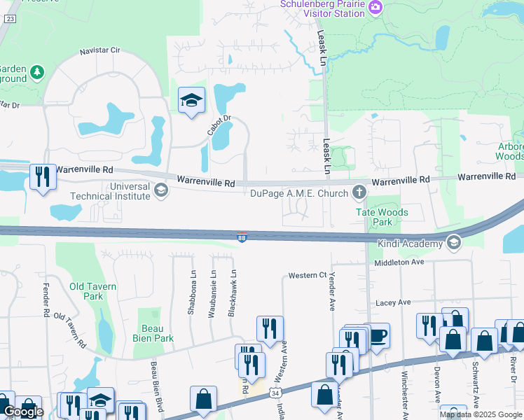 map of restaurants, bars, coffee shops, grocery stores, and more near 2441 Warrenville Road in Lisle