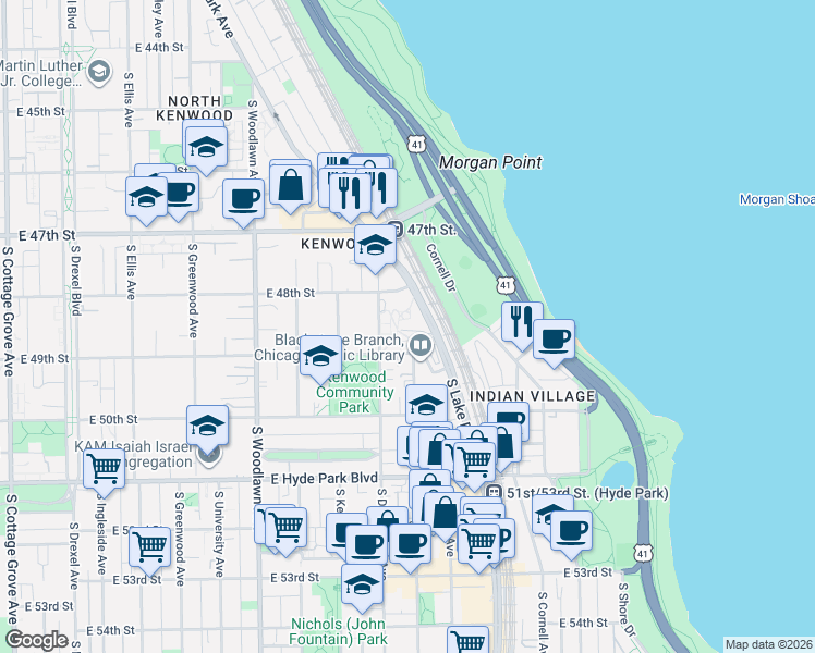 map of restaurants, bars, coffee shops, grocery stores, and more near 1426 East 49th Street in Chicago