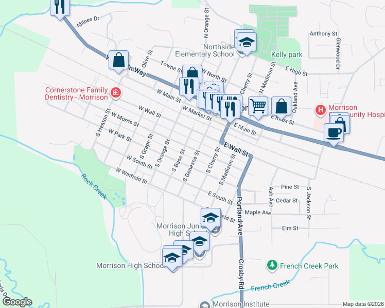 map of restaurants, bars, coffee shops, grocery stores, and more near 306 South Genesee Street in Morrison