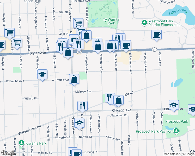 map of restaurants, bars, coffee shops, grocery stores, and more near 416 North Wilmette Avenue in Westmont