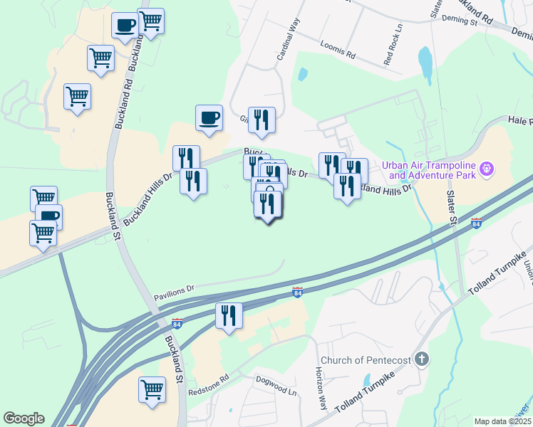 map of restaurants, bars, coffee shops, grocery stores, and more near 194 Buckland Hills Drive in Manchester
