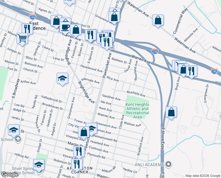 map of restaurants, bars, coffee shops, grocery stores, and more near 18 Gardiner Avenue in East Providence