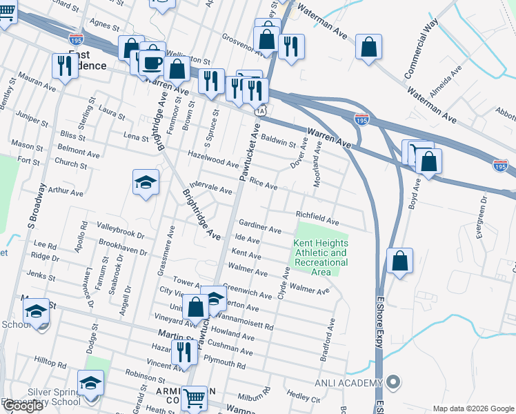 map of restaurants, bars, coffee shops, grocery stores, and more near 18 Gardiner Avenue in East Providence