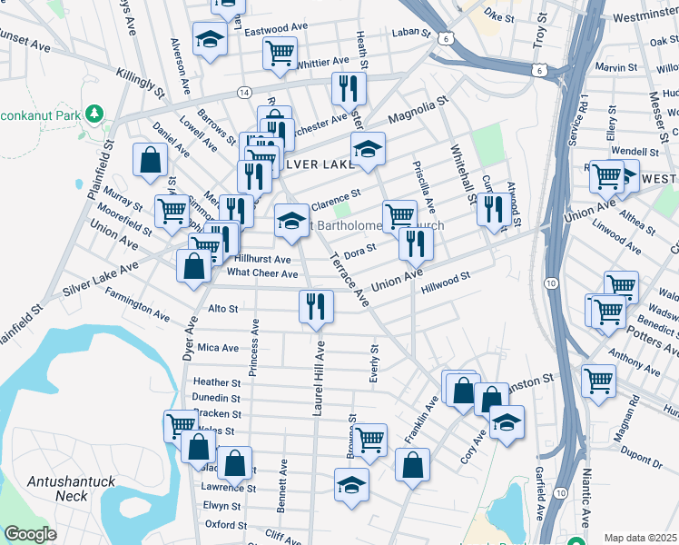 map of restaurants, bars, coffee shops, grocery stores, and more near 184 Elmdale Avenue in Providence