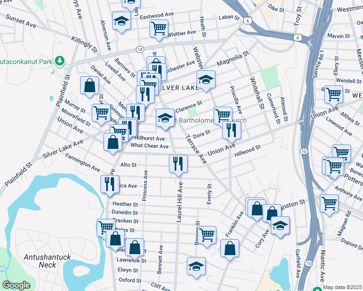 map of restaurants, bars, coffee shops, grocery stores, and more near 357 Laurel Hill Avenue in Providence