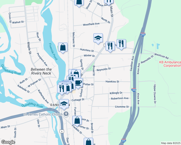 map of restaurants, bars, coffee shops, grocery stores, and more near 259 Broad Street in Killingly