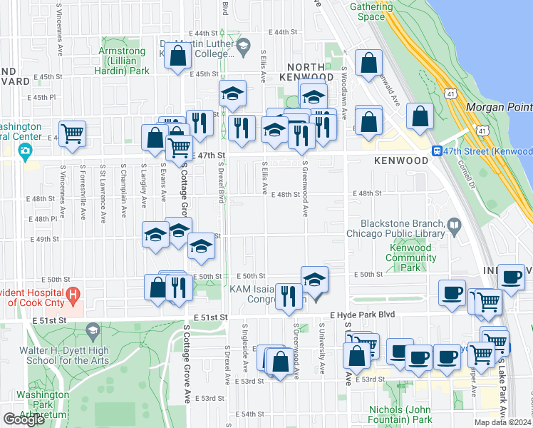 map of restaurants, bars, coffee shops, grocery stores, and more near 4845 South Ellis Avenue in Chicago