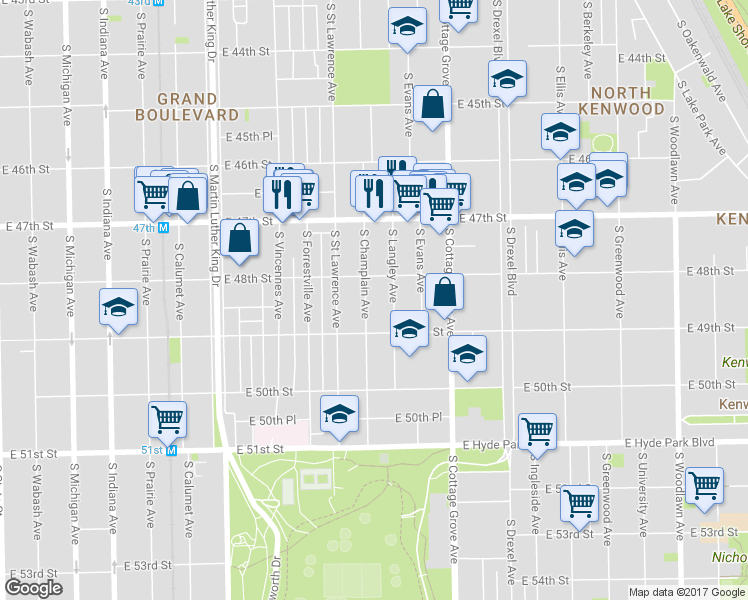 map of restaurants, bars, coffee shops, grocery stores, and more near 4836 South Champlain Avenue in Chicago