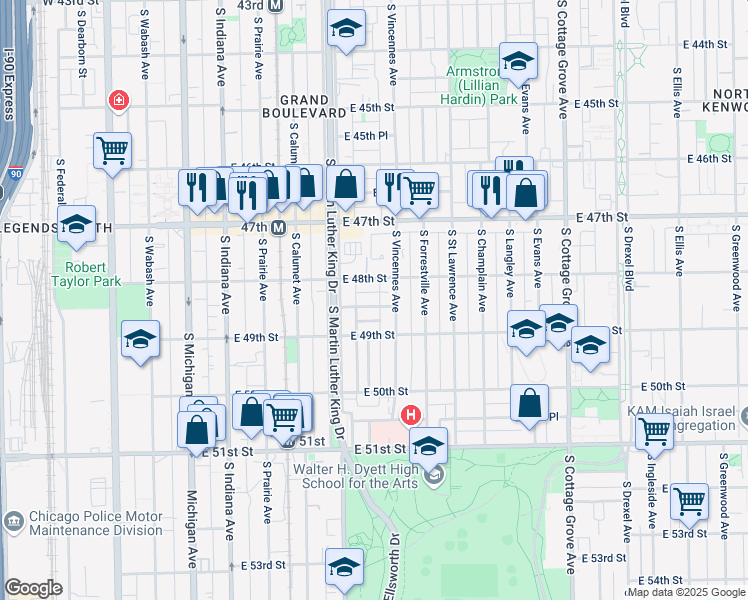 map of restaurants, bars, coffee shops, grocery stores, and more near 431 East 48th Place in Chicago