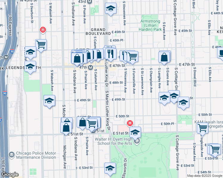 map of restaurants, bars, coffee shops, grocery stores, and more near 4835 South Doctor Martin Luther King Junior Drive in Chicago