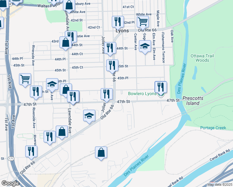 map of restaurants, bars, coffee shops, grocery stores, and more near 4645 Prescott Avenue in Lyons