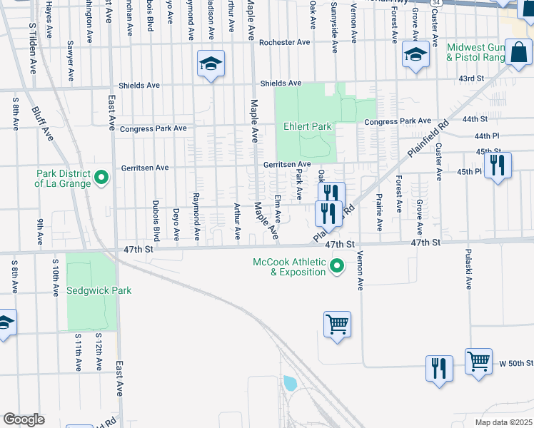 map of restaurants, bars, coffee shops, grocery stores, and more near 4616 Maple Avenue in Brookfield