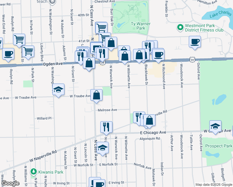 map of restaurants, bars, coffee shops, grocery stores, and more near 416 North Wilmette Avenue in Westmont