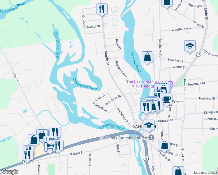 map of restaurants, bars, coffee shops, grocery stores, and more near 12 Cove Street in Killingly