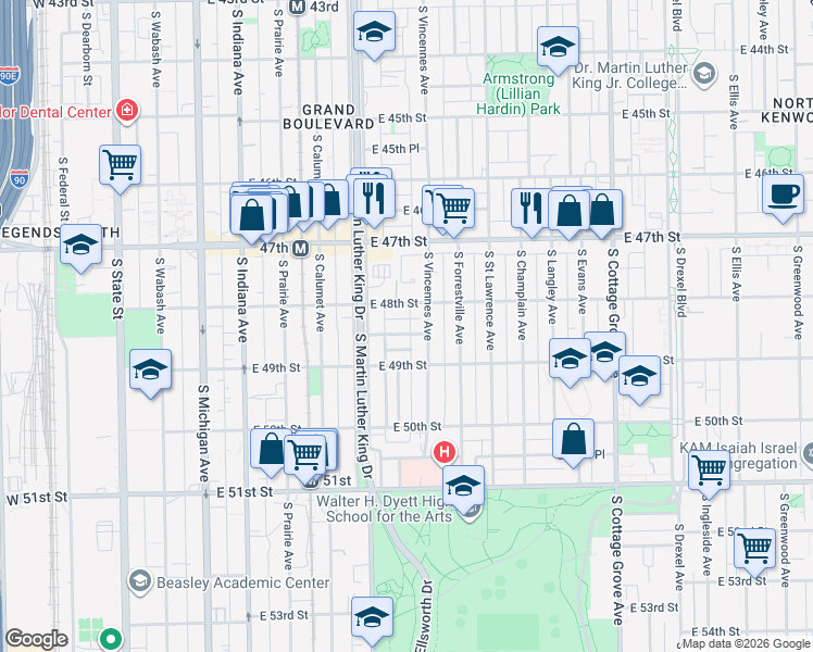 map of restaurants, bars, coffee shops, grocery stores, and more near 436 East 48th Place in Chicago